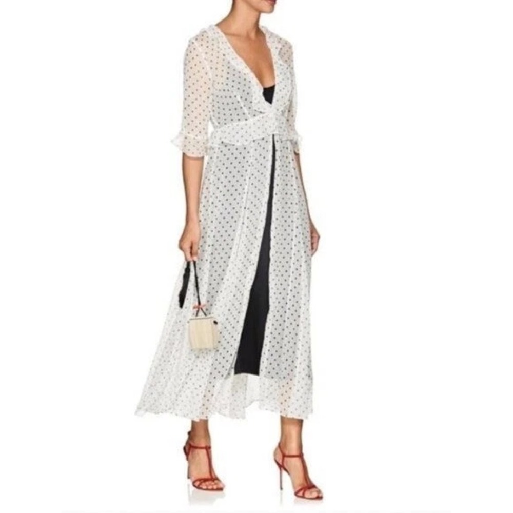We Are Leone Sheer Ruffle Maxi Robe Dress White Polka Dot Star S/M Resort Vacati